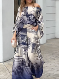 Momentlover Printed Wide Leg Puff Sleeves Off-the-shoulder Two-Piece Sets Pants Blouses