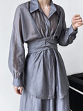 Momentlover Solid Color Long Sleeves Tied Waist Blouse + Loose Elasticity Waist Skirt Two Pieces Set