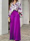 Momentlover  Loose Long Sleeves Floral Printed Blouses + High-Waisted Solid CoLor Wide Leg Pants Trousers Two Pieces Set