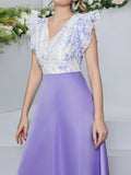 Momentlover Split-Joint Printed Petal Sleeves High Waisted Deep V-Neck Maxi Dresses