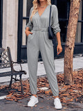 Momentlover Elasticity Belted Long Sleeves V-neck Jumpsuits