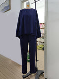 Momentlover High-Low Batwing Sleeves Beaded Round-Neck Shirts Top + Elasticity Pleated Pants Bottom Two Pieces Set
