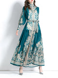 Momentlover Tied Waist See-Through Printed Puff Sleeves A-line Stand Collar Maxi Dresses