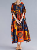 Momentlover Original Printing Split-Joint Round-Neck Midi Dress