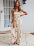 Momentlover Original Cold Shoulder Tied Solid Color Straight Leg Jumpsuits