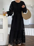 Momentlover Tied Waist Split-Joint Solid Color Pleated Flower Print Puff Sleeves Loose Round-Neck Maxi Dresses