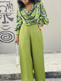 Momentlover Long Sleeves Heaps Collar Printed Shirts Top + High Waisted Pants Bottom Two Pieces Set