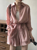 Momentlover Loose Solid Color Long Sleeves Blouse + Pleated Shorts Two Pieces Set