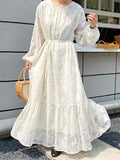 Momentlover Tied Waist Split-Joint Solid Color Pleated Flower Print Puff Sleeves Loose Round-Neck Maxi Dresses