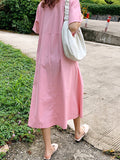Momentlover Loose Solid Color V-Neck Pleated With Pockets Midi Dresses