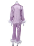 Momentlover Split-Joint Long Sleeves Buttoned Feathers Notched Collar Shirts Top + Pants Bottom Pajama Sets