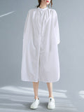 Momentlover Split-Side Elasticity Buttoned Loose Long Sleeves Mock Neck Shirt Dress Midi Dresses