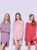 Momentlover Solid Color Modal Plus Size High-Low Long Sleeve Pajamas Dress