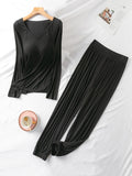 Momentlover V-Neck Solid Color Long Sleeve&Pants Pajamas Sets