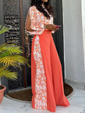 Momentlover Flower Print Long Sleeves Hollow Mock Neck Shirts Top + High Waisted Pants Bottom Two Pieces Set
