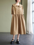 Momentlover Original Loose Solid Color Buttoned Pleated Midi Dress