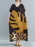 Momentlover Vintage Loose Leaf Printed Midi Dress