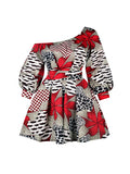 Momentlover Tied Waist Flower Print Elasticity Three-Quarter Sleeves Puff Sleeves One-Shoulder Mini Dresses