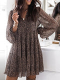 Momentlover Pleated Leopard Buttoned Puff Sleeves Loose V-Neck Mini Dresses