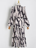 Momentlover Tied Split-Joint Printed Hollow Elasticity Puff Sleeves Loose Mock Neck Midi Dresses