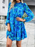 Momentlover Tied Split-Joint Printed Puff Sleeves Loose Mock Neck Mini Dresses