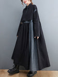 Momentlover Original Loose Denim Split-Joint Tied Lapel Collar Long Sleeves Midi Dress
