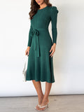 Momentlover Tied Waist Solid Color Long Sleeves High Waisted Round-Neck Sweater Dresses Midi Dresses