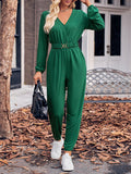 Momentlover Elasticity Belted Long Sleeves V-neck Jumpsuits
