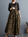 Momentlover Artistic Retro Ramie Cotton Loose 3 Colors Floral Printed Square-Neck Sleeveless Strap Dress