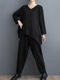 Momentlover Solid Color Long Sleeves Asymmetric Split-Joint V-Neck T-Shirts Top + Harem Pants Elasticity Pants Bottom Two Pieces Set