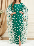 Momentlover Split-Front Muslim Flower Print Loose Batwing Sleeves Round-Neck Maxi Dresses