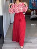 Momentlover Printed Long Sleeves Buttoned Lapel Blouse + Tied Waist Wide Leg Pants Two Pieces Set