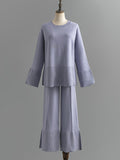 Momentlover Casual Long Sleeves Loose Solid Color Round-Neck Sweater Tops & Wide Leg Pants Two Pieces Set