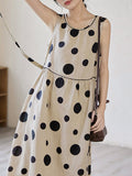 Momentlover Tied Waist Split-Joint Polka-Dot Pleated Contrast Color Sleeveless Loose Round-Neck Midi Dresses
