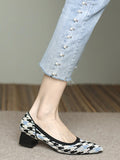 Momentlover Round Cut Pointed-Toe Houndstooth Contrast Color Pumps Mid Heels
