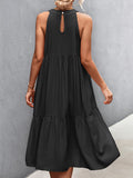 Momentlover Split-Joint Solid Color Pleated Hollow Sleeveless Loose Halter-Neck Midi Dresses
