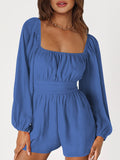 Momentlover Tied Solid Color Elasticity Backless Puff Sleeves Loose Square-Neck Rompers