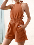 Momentlover Solid Color Ribbed Sleeveless Loose Halter-Neck Rompers