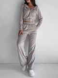 Momentlover Elasticity Solid Color Long Sleeves Hooded Zipper V-neck Outerwear Top + High Waisted Pants Bottom Two Pieces Set