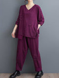 Momentlover Solid Color Long Sleeves Asymmetric Split-Joint V-Neck T-Shirts Top + Harem Pants Elasticity Pants Bottom Two Pieces Set