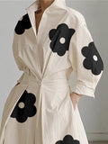 Momentlover Long Sleeves Loose Contrast Color Floral Printed Pleated Tied Waist Lapel Shirt Dress