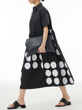 Momentlover Split-Joint Pleated Contrast Color Short Sleeves Loose Lapel Shirt Dress Midi Dresses