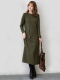 Momentlover Simple Solid Color Round-Neck A-Line Midi Dress