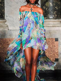 Momentlover Batwing Sleeves High-Low Printed Off-The-Shoulder Maxi Dresses