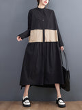 Momentlover Original Creation Long Sleeves Loose Buttoned Contrast Color Stand Collar Midi Dresses