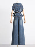 Momentlover Asymmetric Boat Neck Fringed Vest Top+ Belted High Waisted Jeans Bottom Two Pieces Set