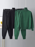 Momentlover Casual Solid Long Sleeves High-Neck Sweater Tops & Drawstring Wide Leg Pants Suits