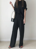 Momentlover Loose Fringed Solid Color Split-Side Round-Neck Pants Set Two Pieces Set