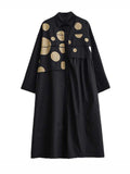 Momentlover Split-Joint Polka Dot Buttoned Asymmetric Loose Long Sleeves Lapel Midi Dresses