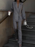 Momentlover Printed Long Sleeves Lapel Outwear Top + Flared Trousers Bottom Two Pieces Set